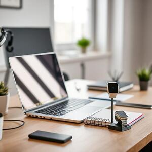 Support desk workspace with watch and notebook